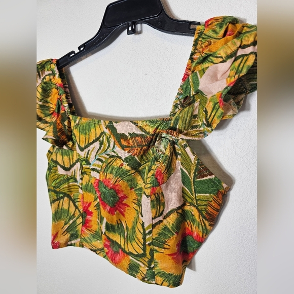 Cynthia Rowley Floral Ruffle Sleeve Linen Blend Crop Top Women's Size Large NWT - Picture 2 of 9